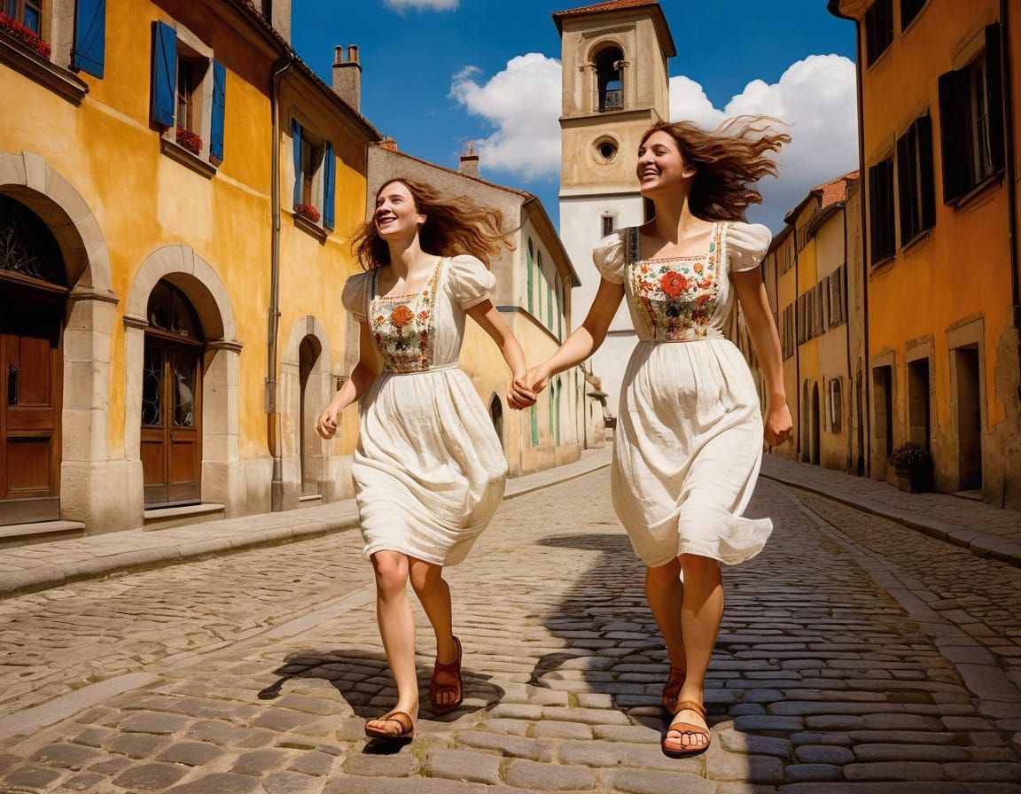 Sisters Running Hand in Hand through a Charming European Vil...