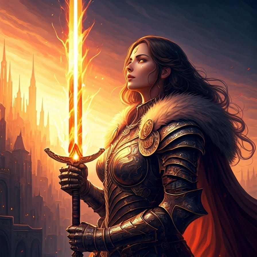 Fantasy Knight with Flaming Sword in Cityscape