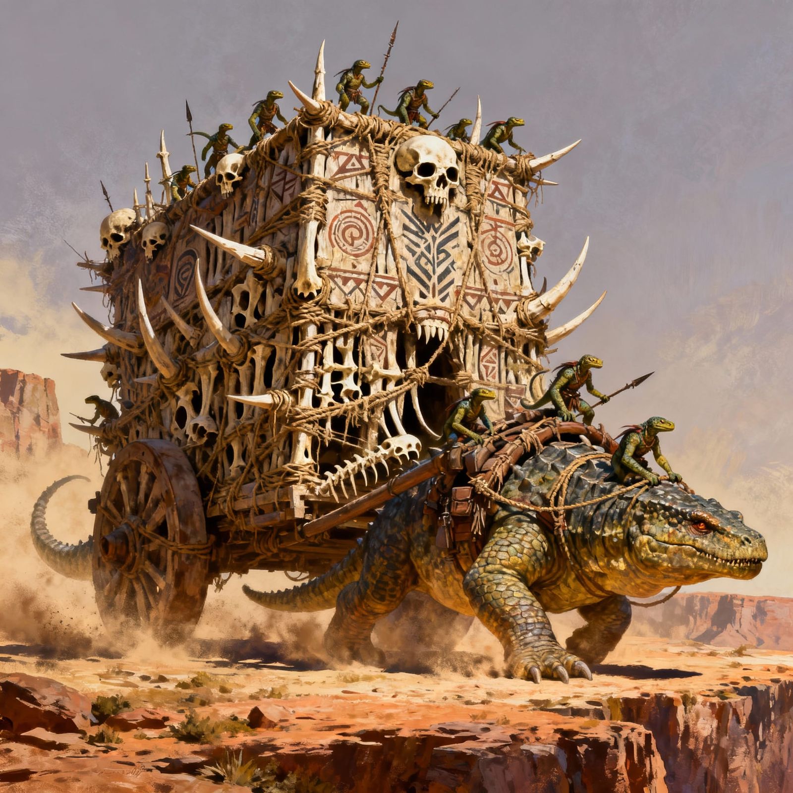 Bone Fortress Chariot Pulled By Reptilian Beasts