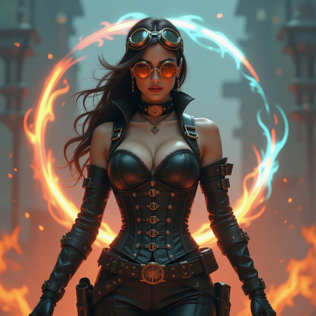 Steampunk Woman Surrounded by Magical Energy