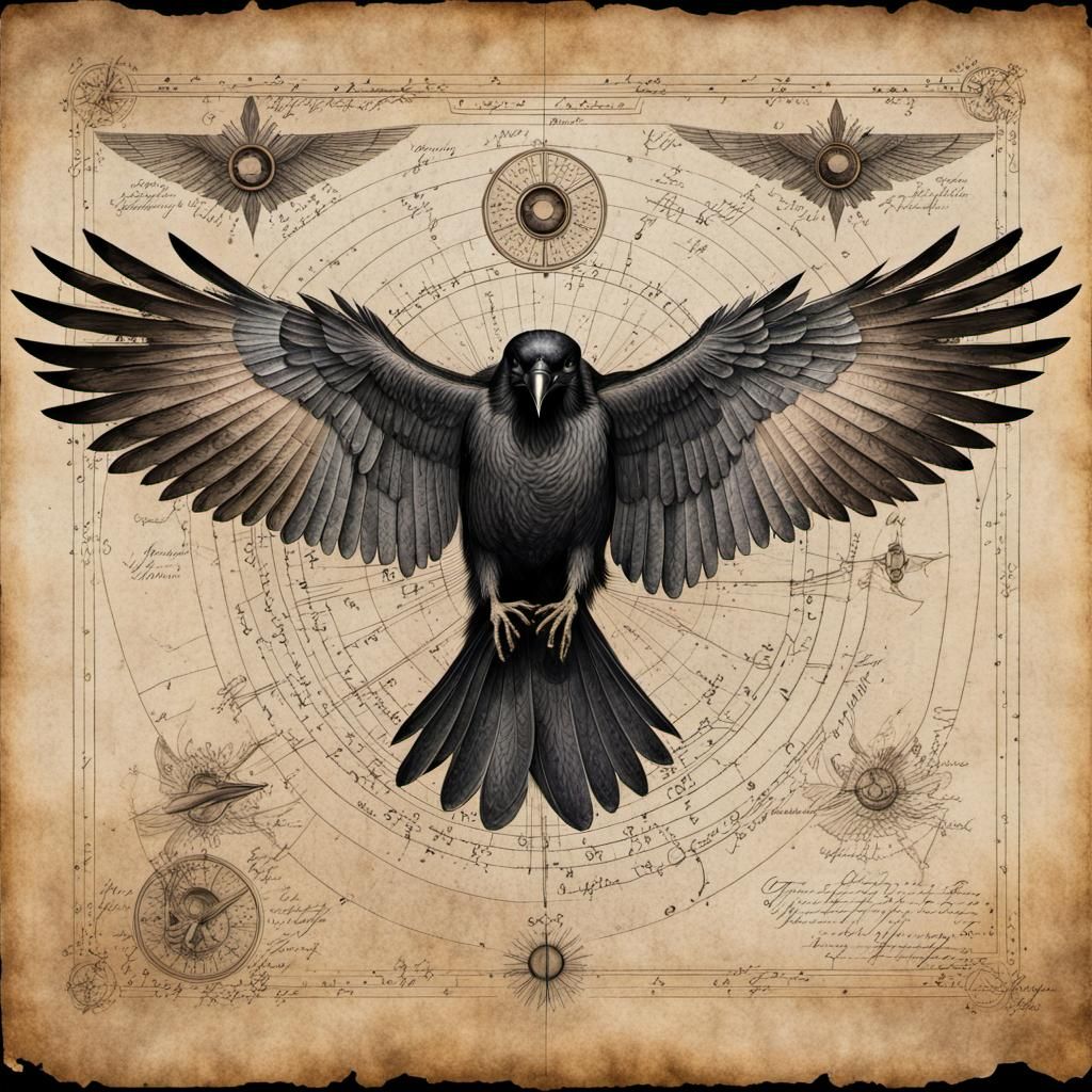 Antique Raven Flight Diagram on Vintage Parchment