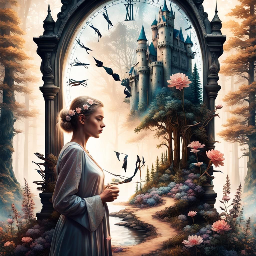 Double Exposure: Woman, Castle, and Hourglass