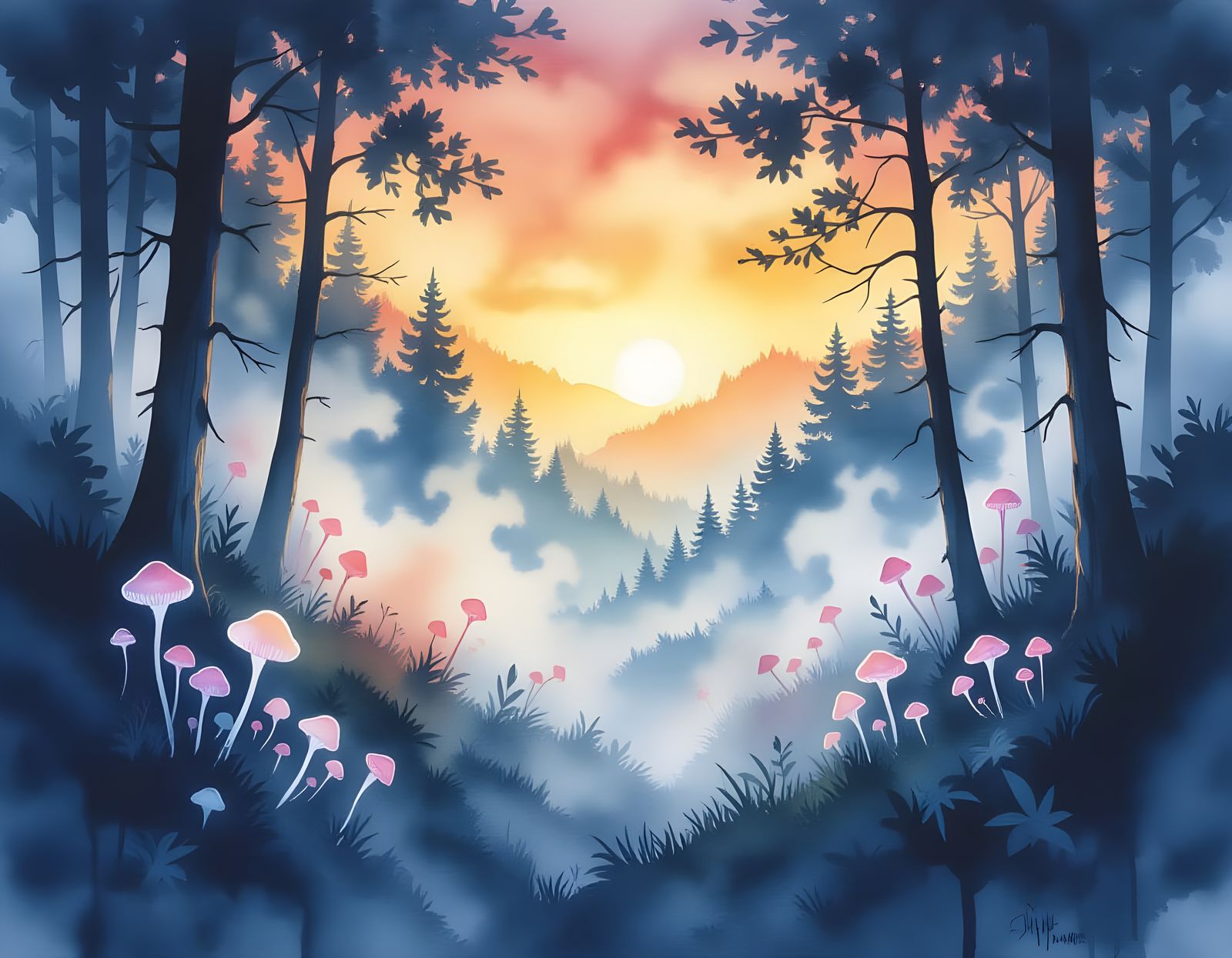 Ethereal Forest Sunrise with Glowing Fog and Abstract Shapes