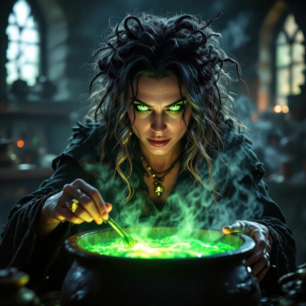 Witch Brewing Glowing Emerald Potion in Dim Classroom