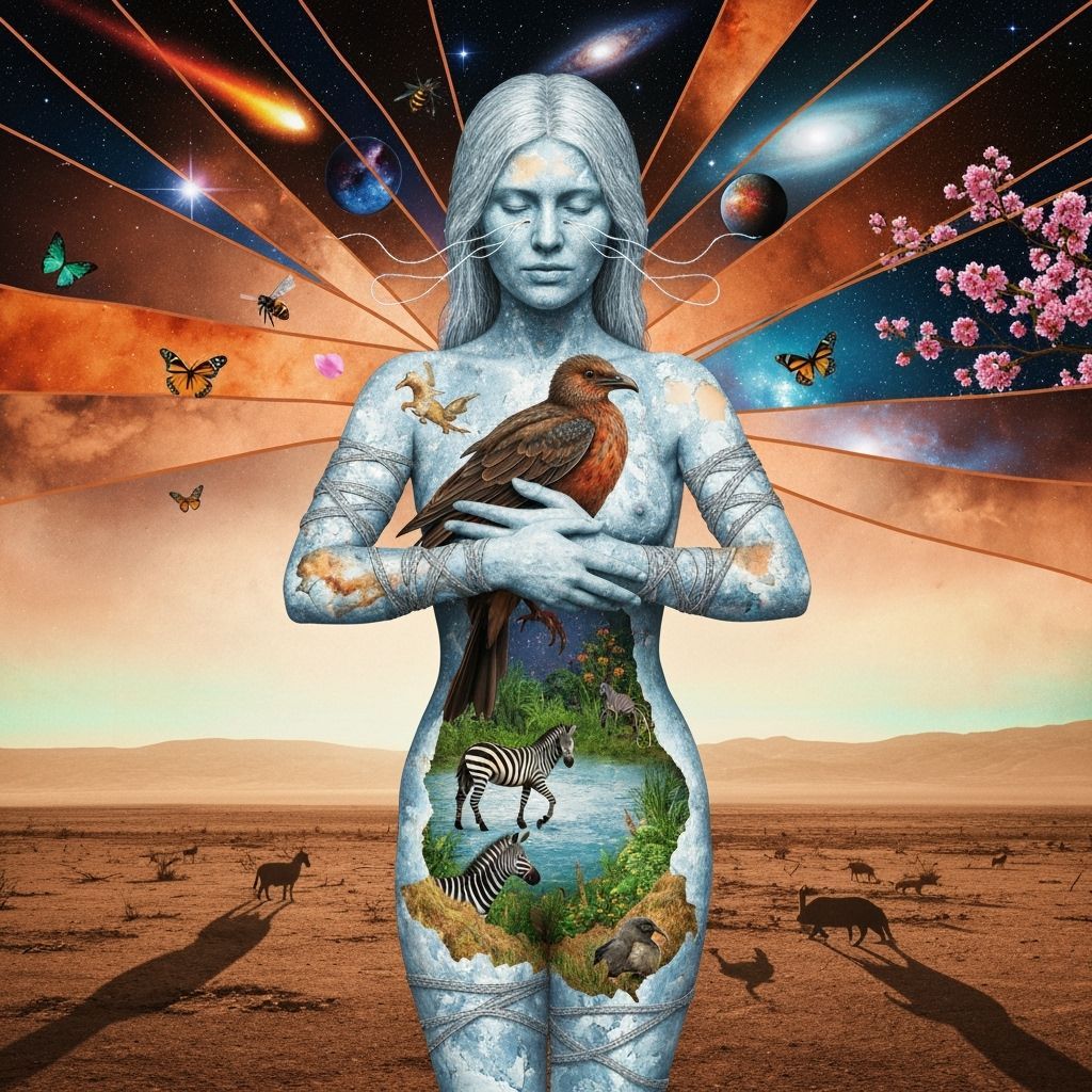 Mystical Shaman with Bioluminescent Oasis in Barren Landscap...