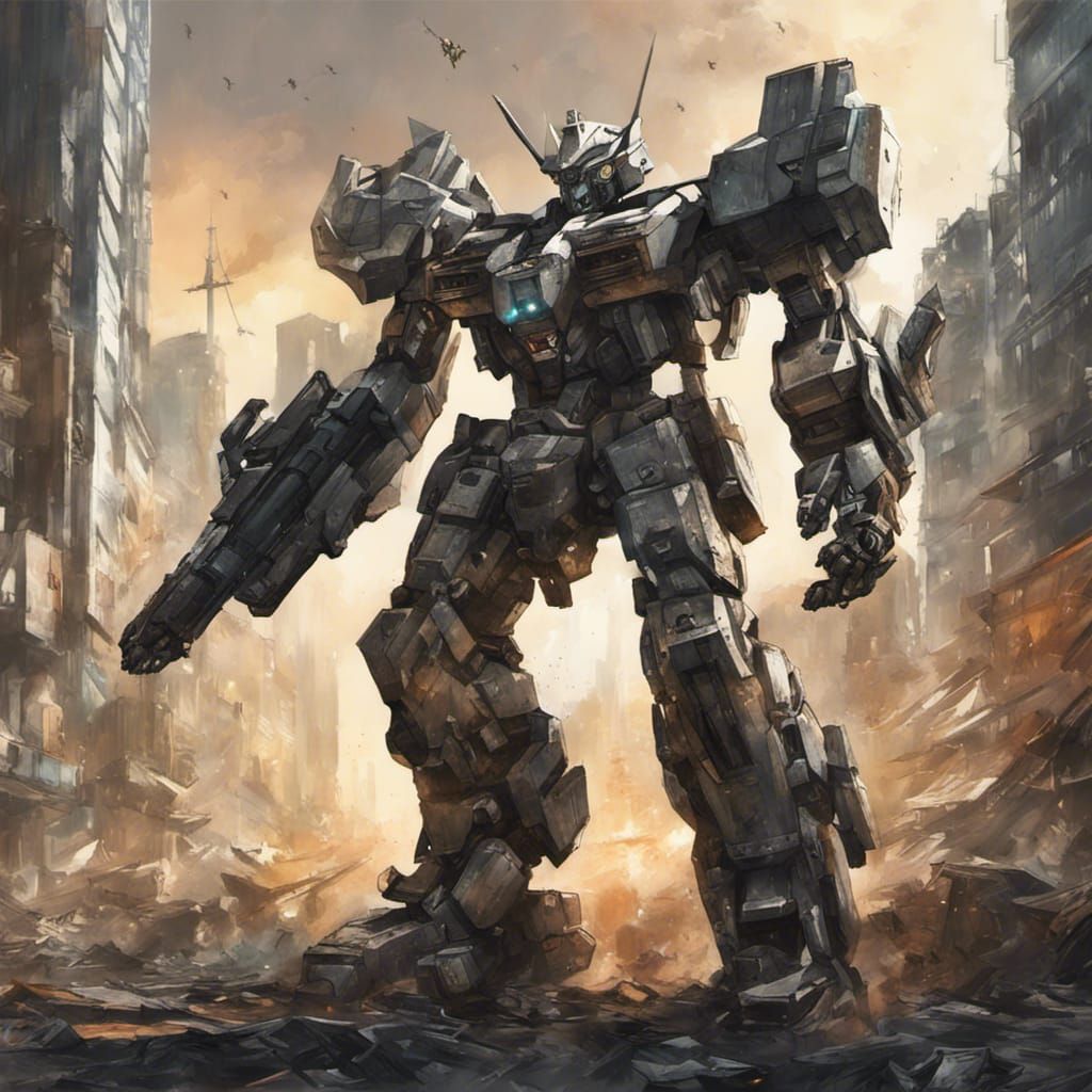 Hyperrealistic Mecha in Ruined City Concept Art