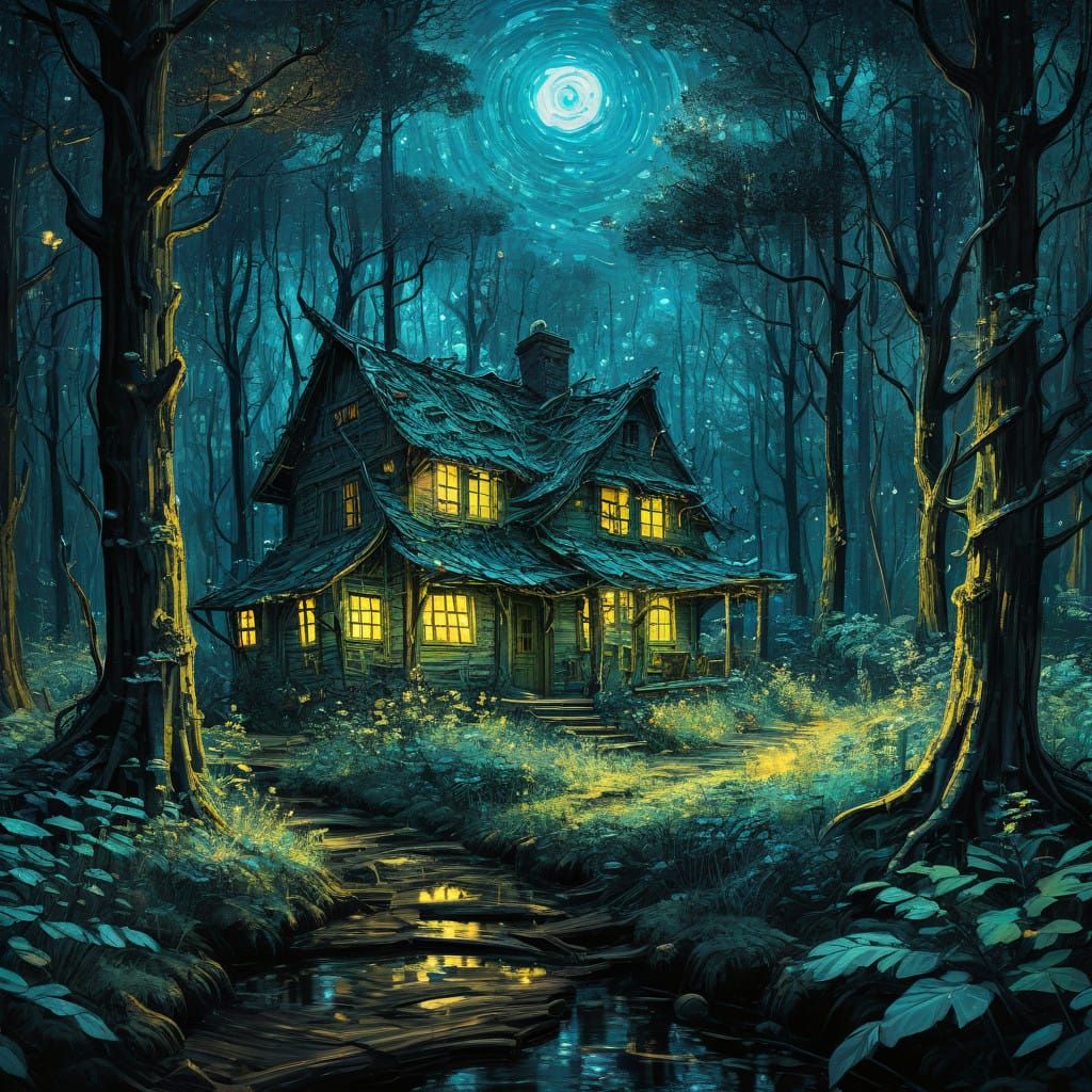 Whimsical Bioluminescent Mansion in an Enchanted Forest