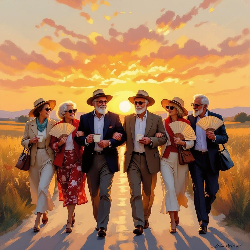 Elderly Friends Walk into Sunset as Oil Painting