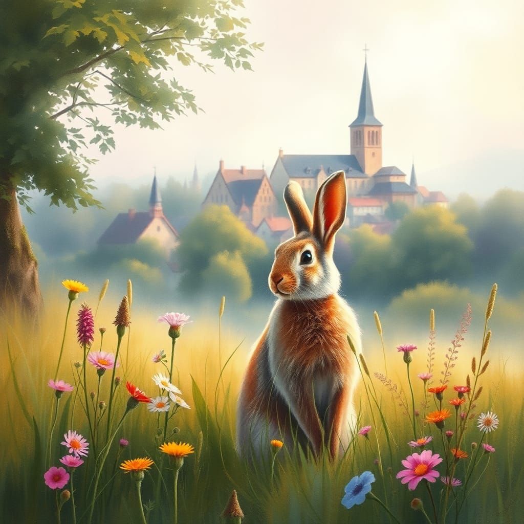 Hare in Meadow: Watercolor and Atmospheric Lighting