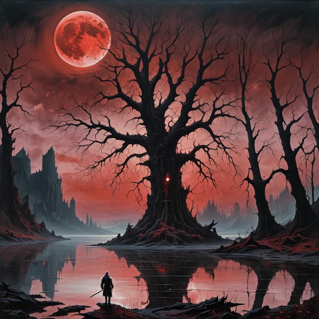Knight at Blood Moon Lake: Dark Fantasy Oil Painting