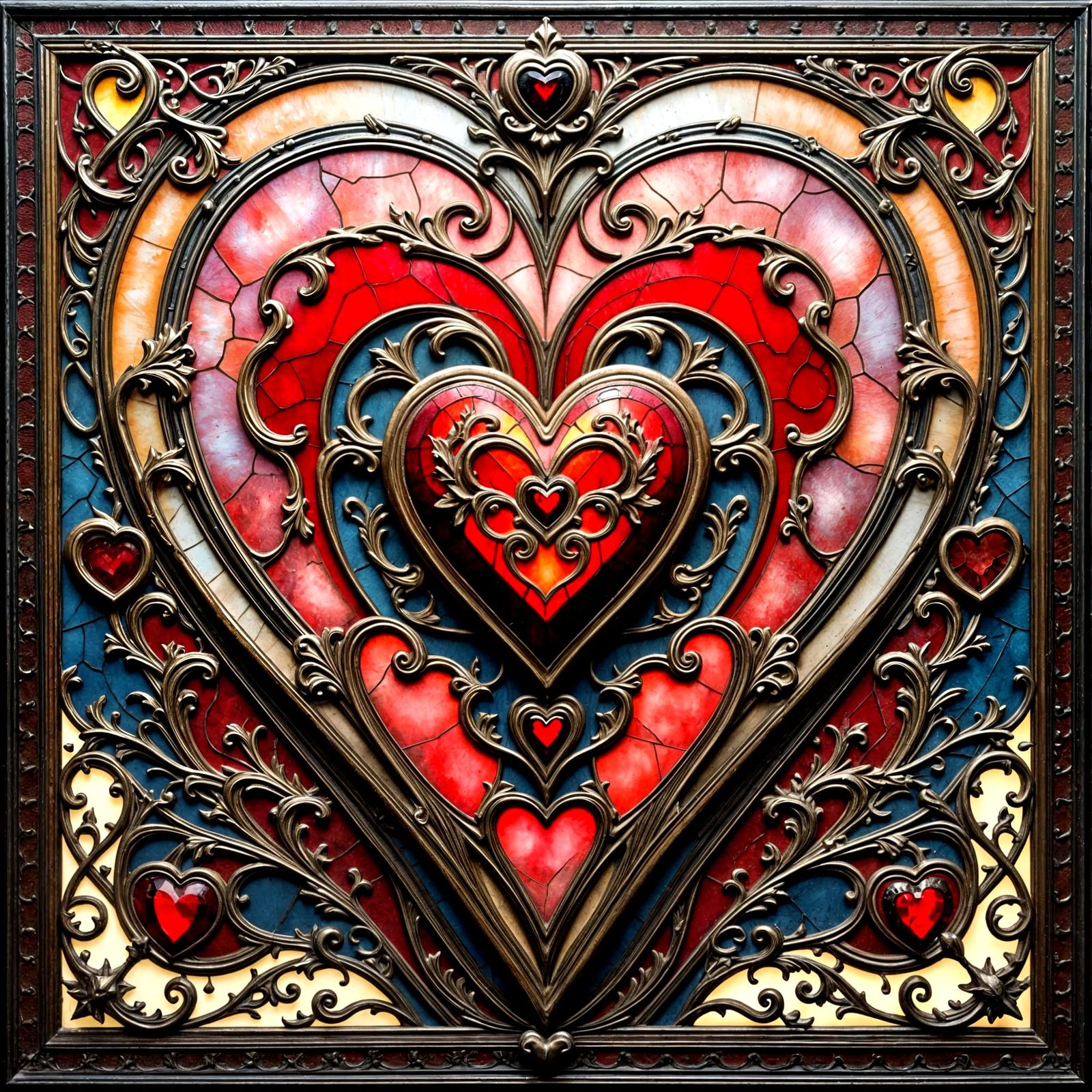 Mixed Media Collage of Hearts in Vintage Metal and Stained G...