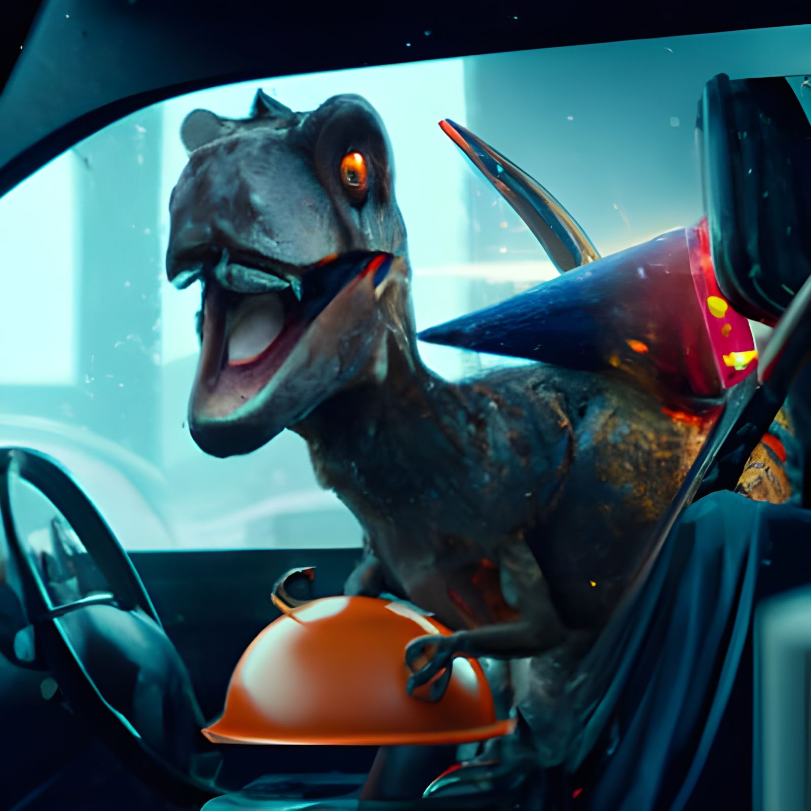 Chibi Dinosaur Car Portrait, Detailed Digital Art