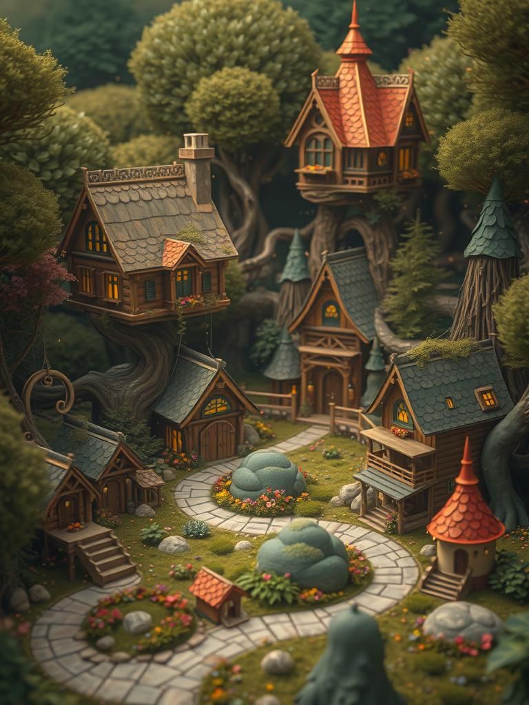 Enchanted Forest Village with Ethereal Glow