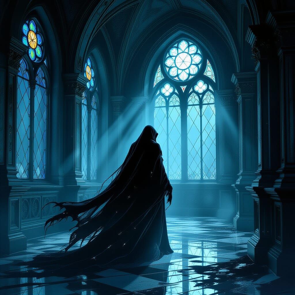 Spectral Figure in Decaying Gothic Mansion