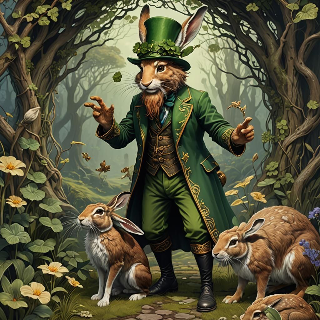 Leprechaun Petting Hare in Art Nouveau Style