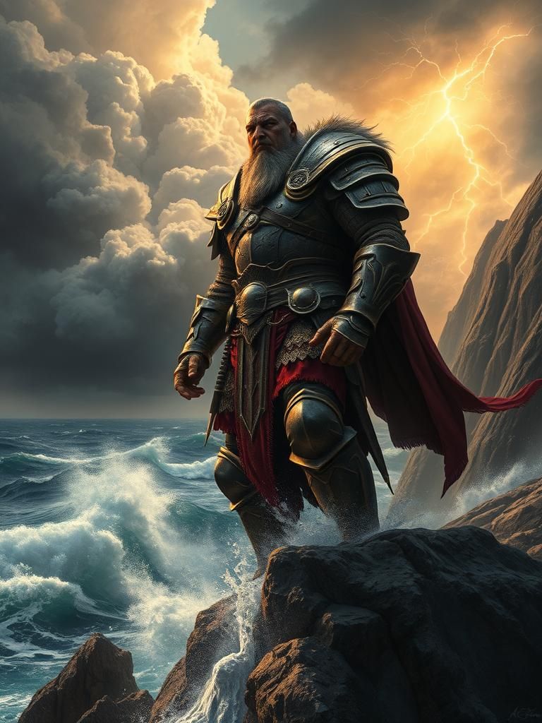 Valiant Warrior Stands Against Storm on Cliff