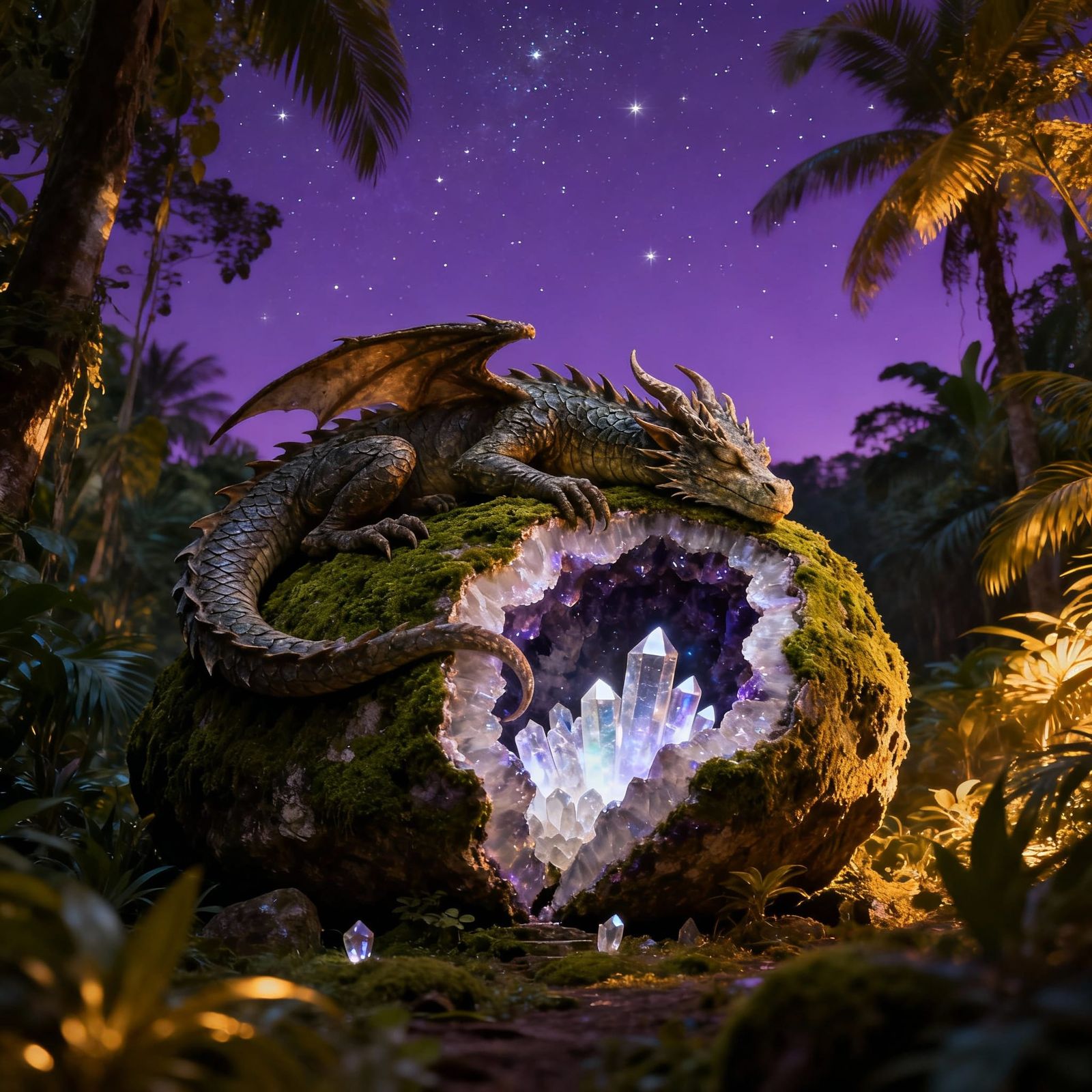 Ancient Dragon Sleeps on Crystal Geode in Twilight Jungle