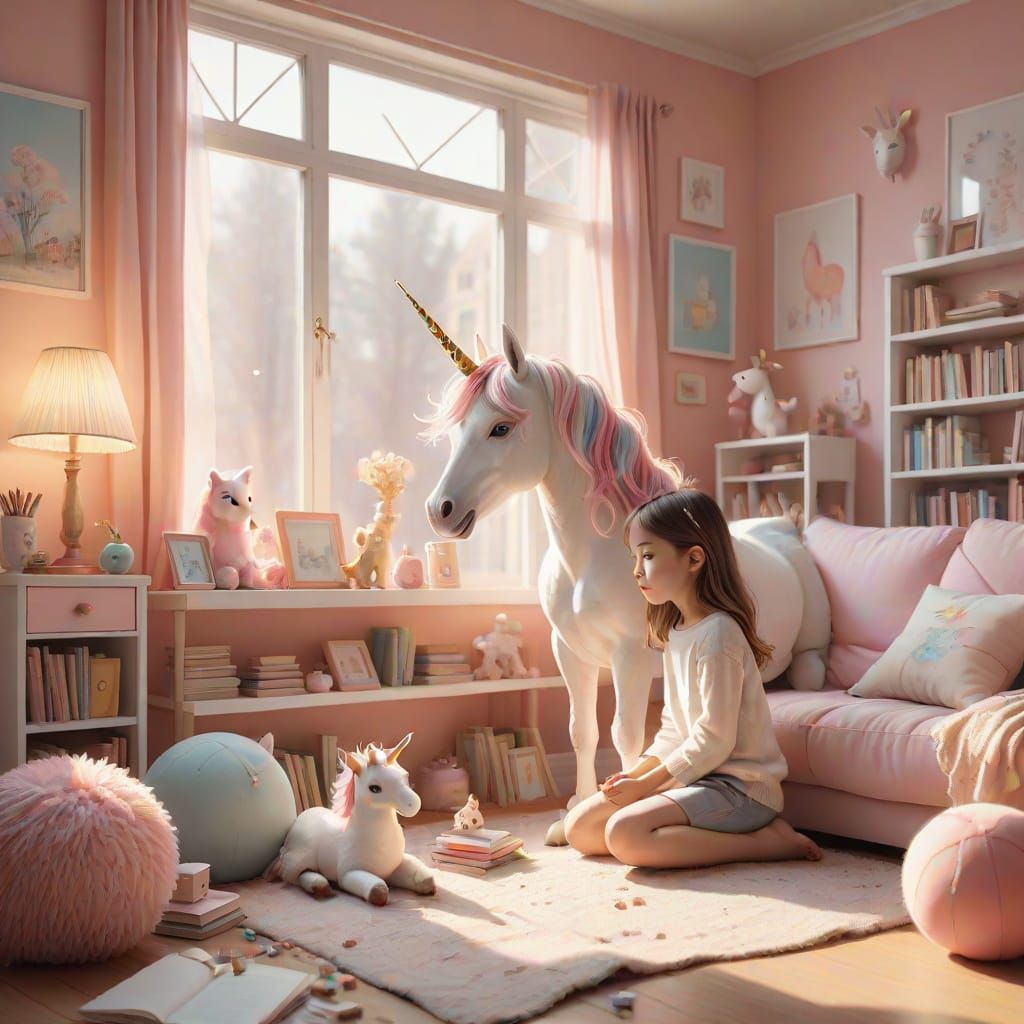 Whimsical Child Holds Shining Unicorn in Cozy Toy-Filled Roo...