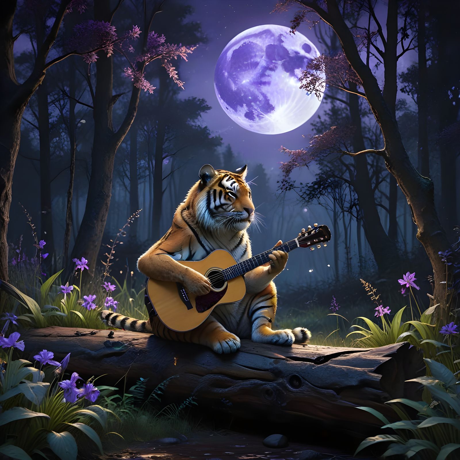 Handsome Tiger Serenades the Moon in Dreamy Watercolor Oil I...