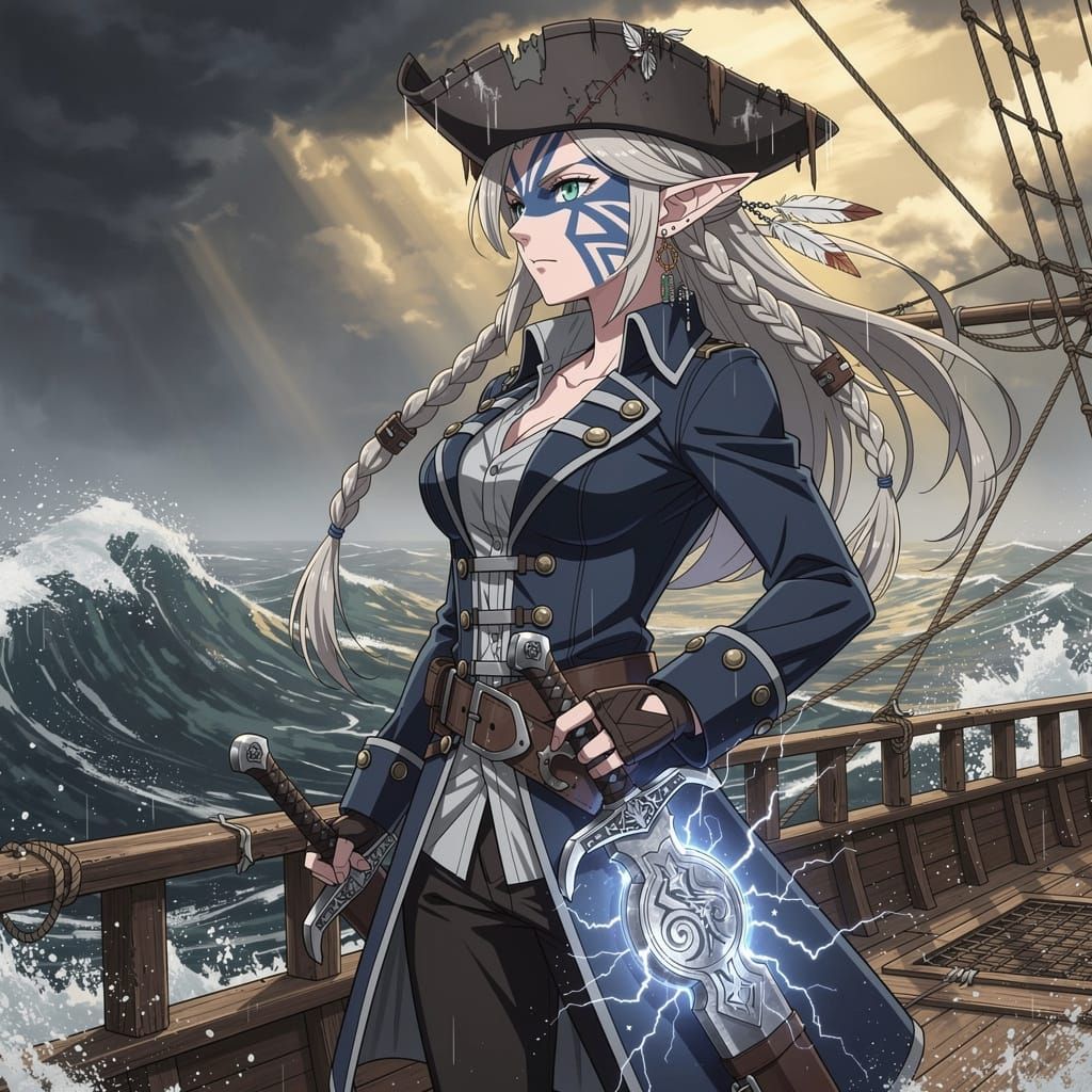 Elf Woman with Tribal Paint on Ship Prow in Anime Style
