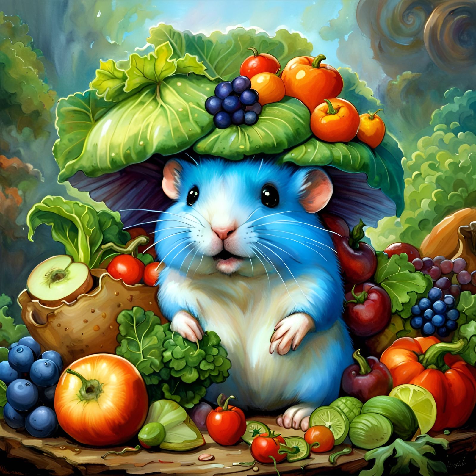 Cute Blue Shroom Hamster with Fruits and Vegetables