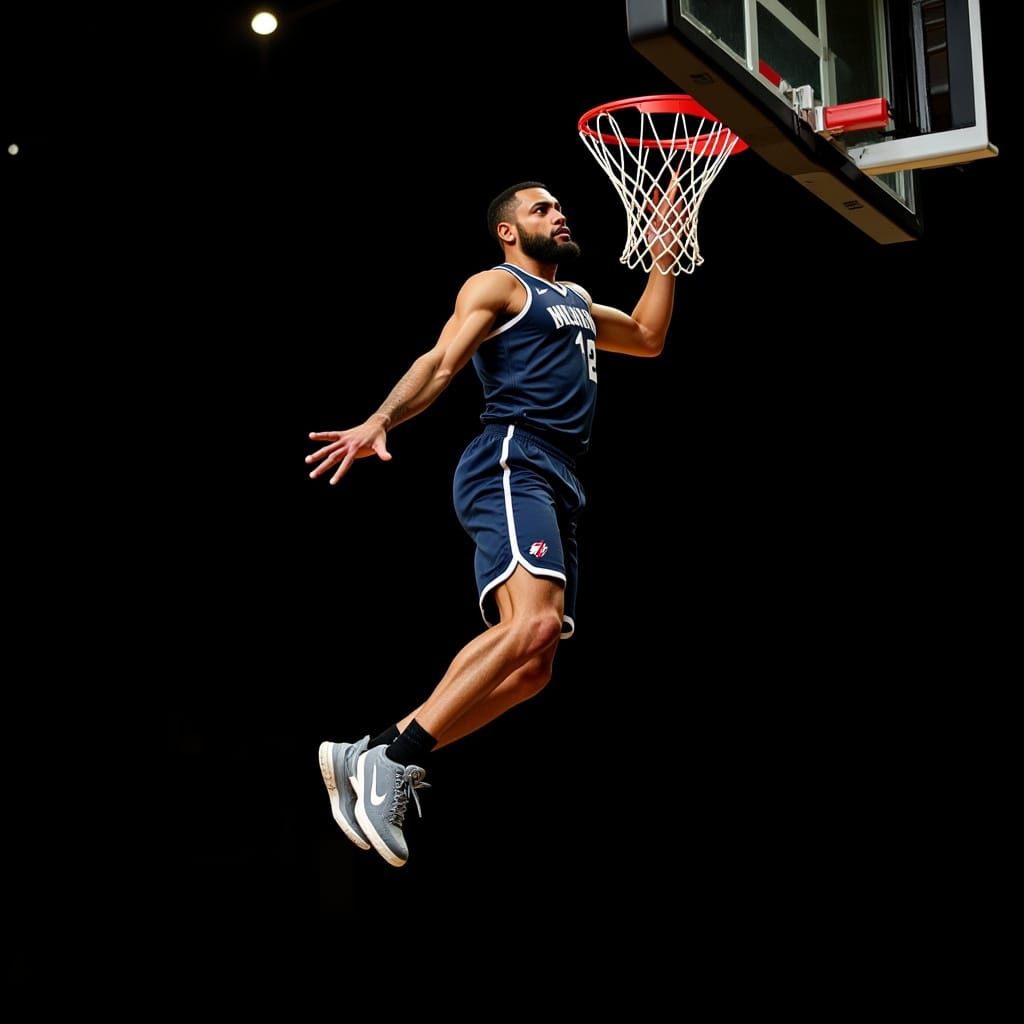 Impressive, ultra-realistic, hyper-realistic image of a basketball player, with the perfect height and body for the spor...