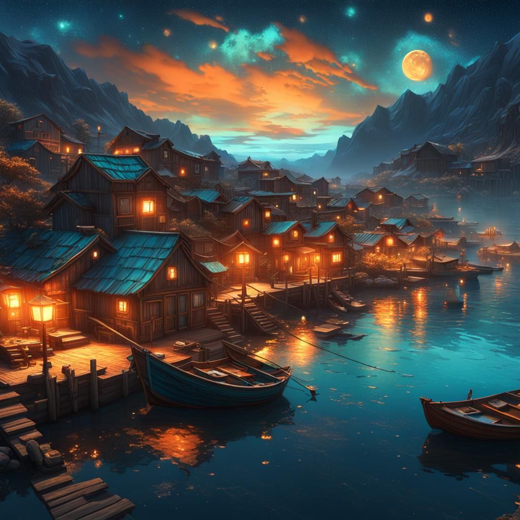 Starry Night Sky Over Fishing Village: 8K Concept Art