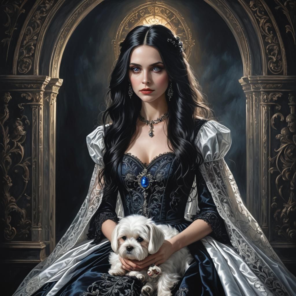 Elegant Gothic Lady with Maltese Dog