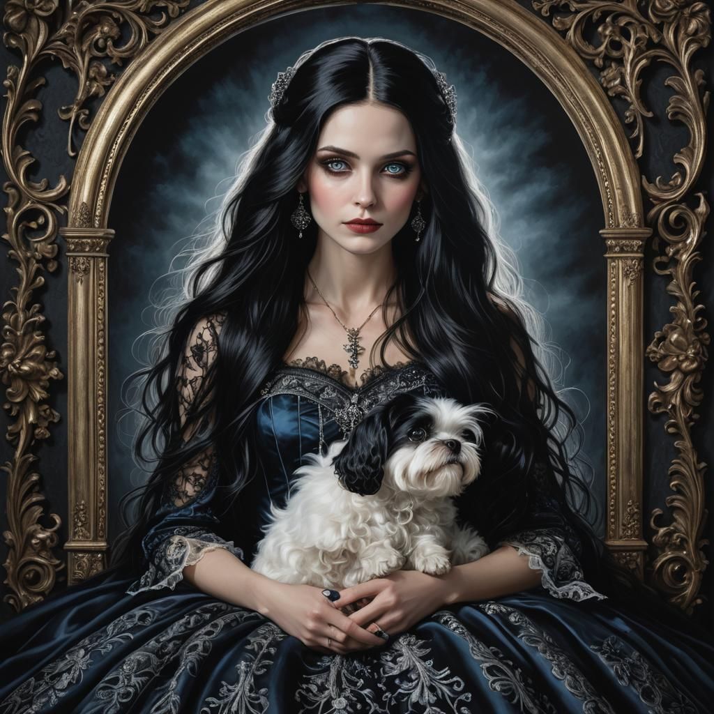 Gothic Lady with Maltese in Hyperrealistic Style