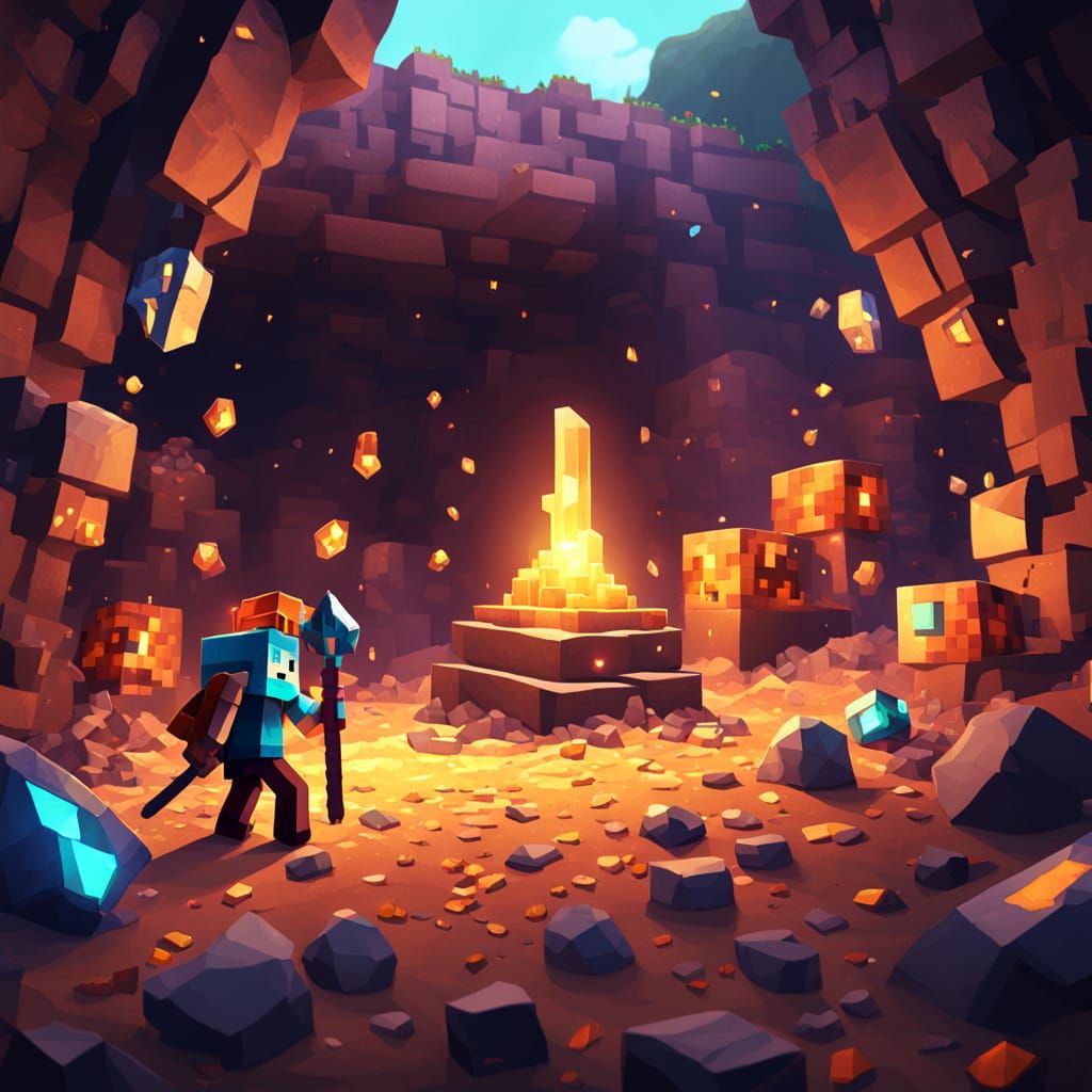 Minecraft Character Mining Diamonds in Cave