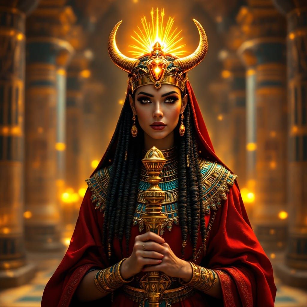 Egyptian Goddess in Opulent Palace, Holding Sceptre