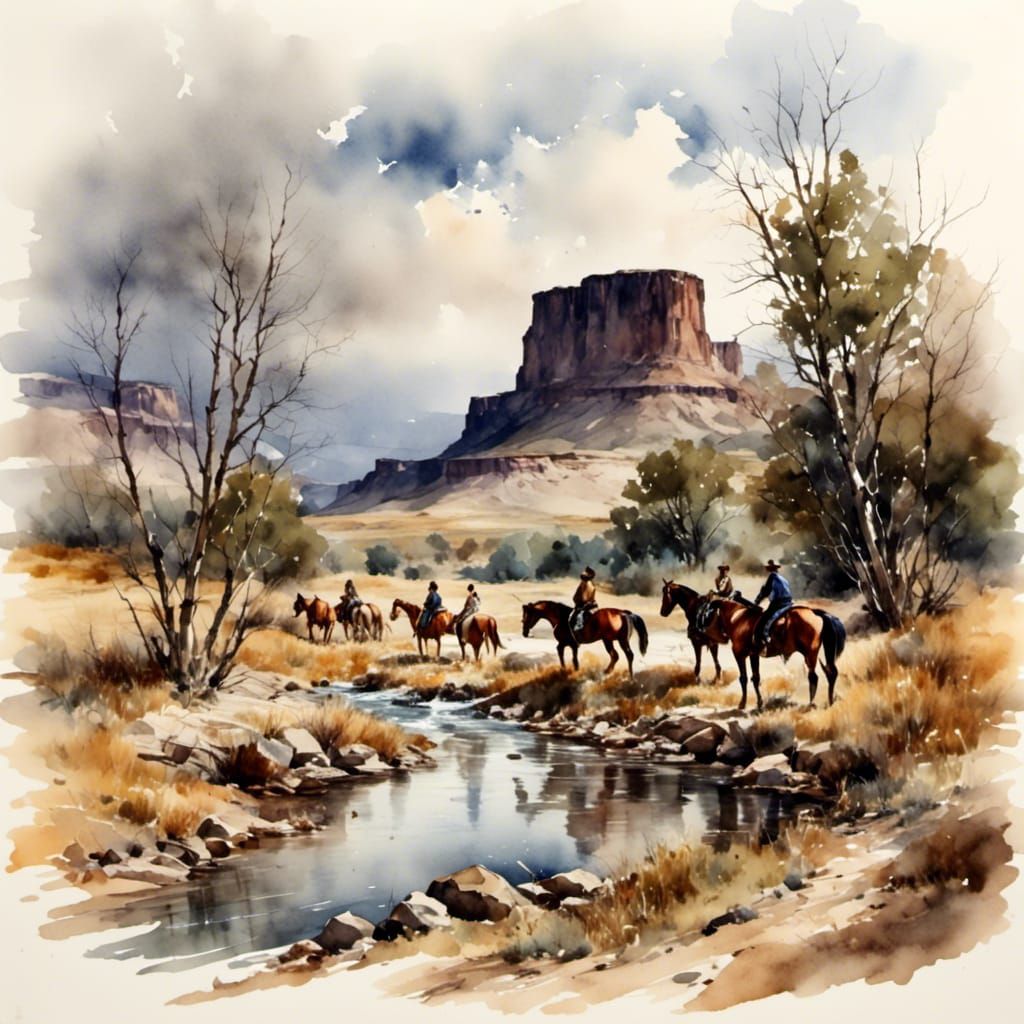 Wyoming Landscape with Riders in Antique Watercolor Style