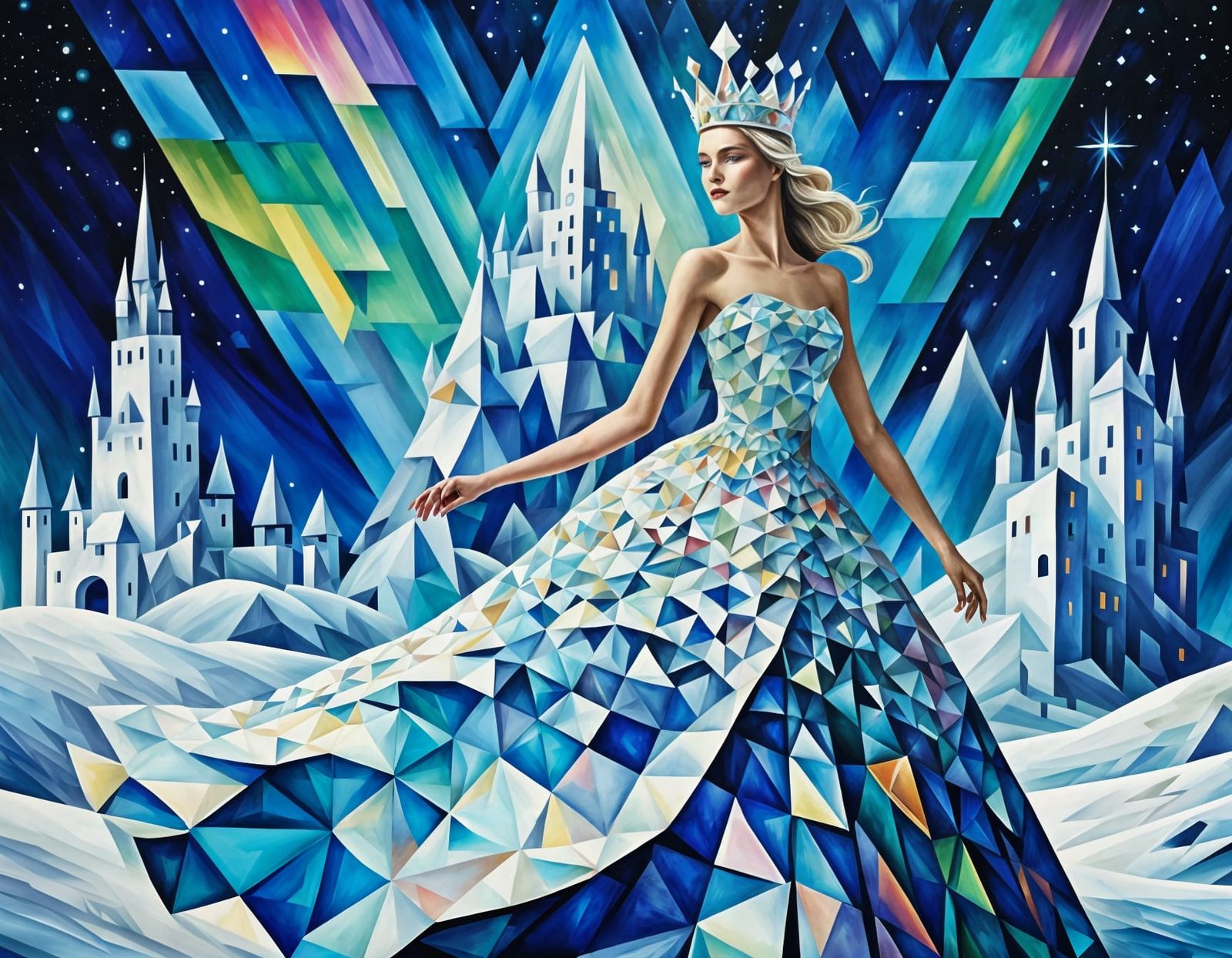 Snow Queen in Cubist Style with Aurora Borealis