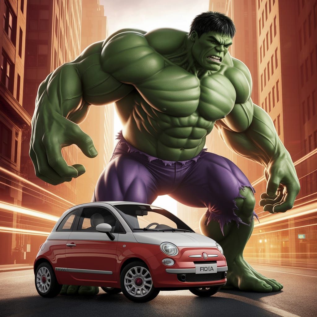 Hulk Grips Fiat in Cityscape Photograph