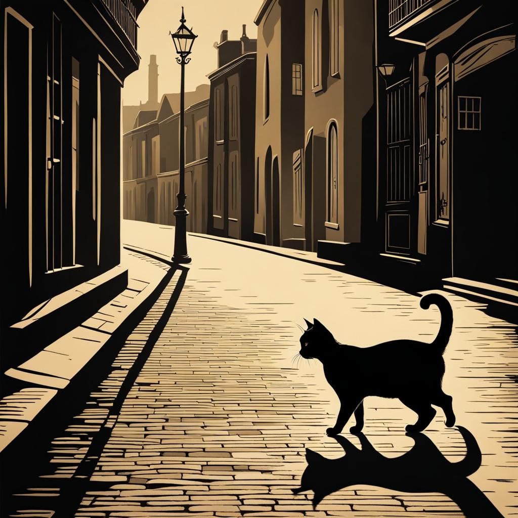 Cat Walking on a Vintage Shadowy Street