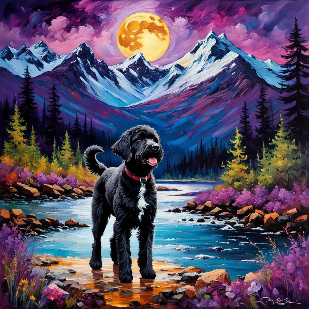Portuguese Water Dog in Tachisme Landscape