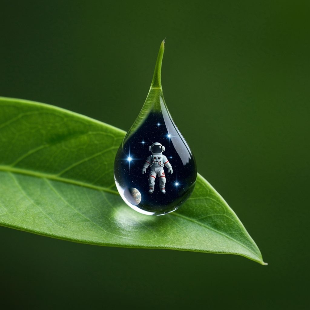 Astronaut in Water Drop on Leaf Among Stars
