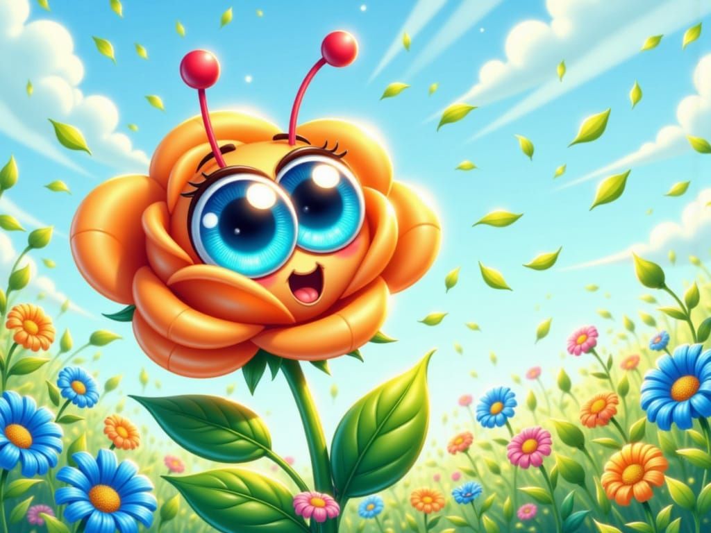 Cute Cartoon Rose Swaying in Wind with Blue Waves