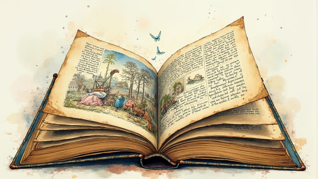 Vintage Book Page Illustration in Watercolour, Pencil, and I...