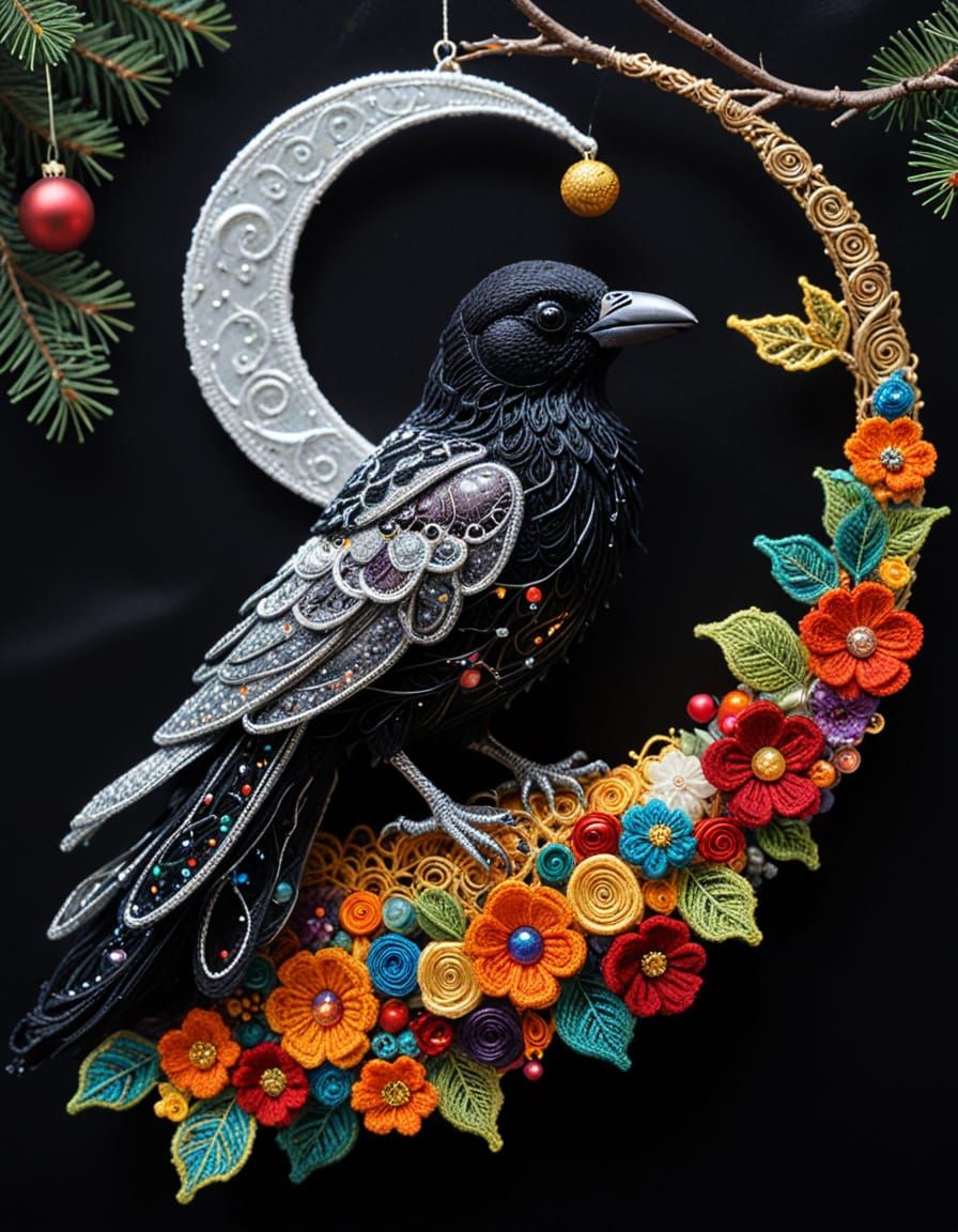 Klimt Inspired Crochet Raven with Cosmic Christmas Decor