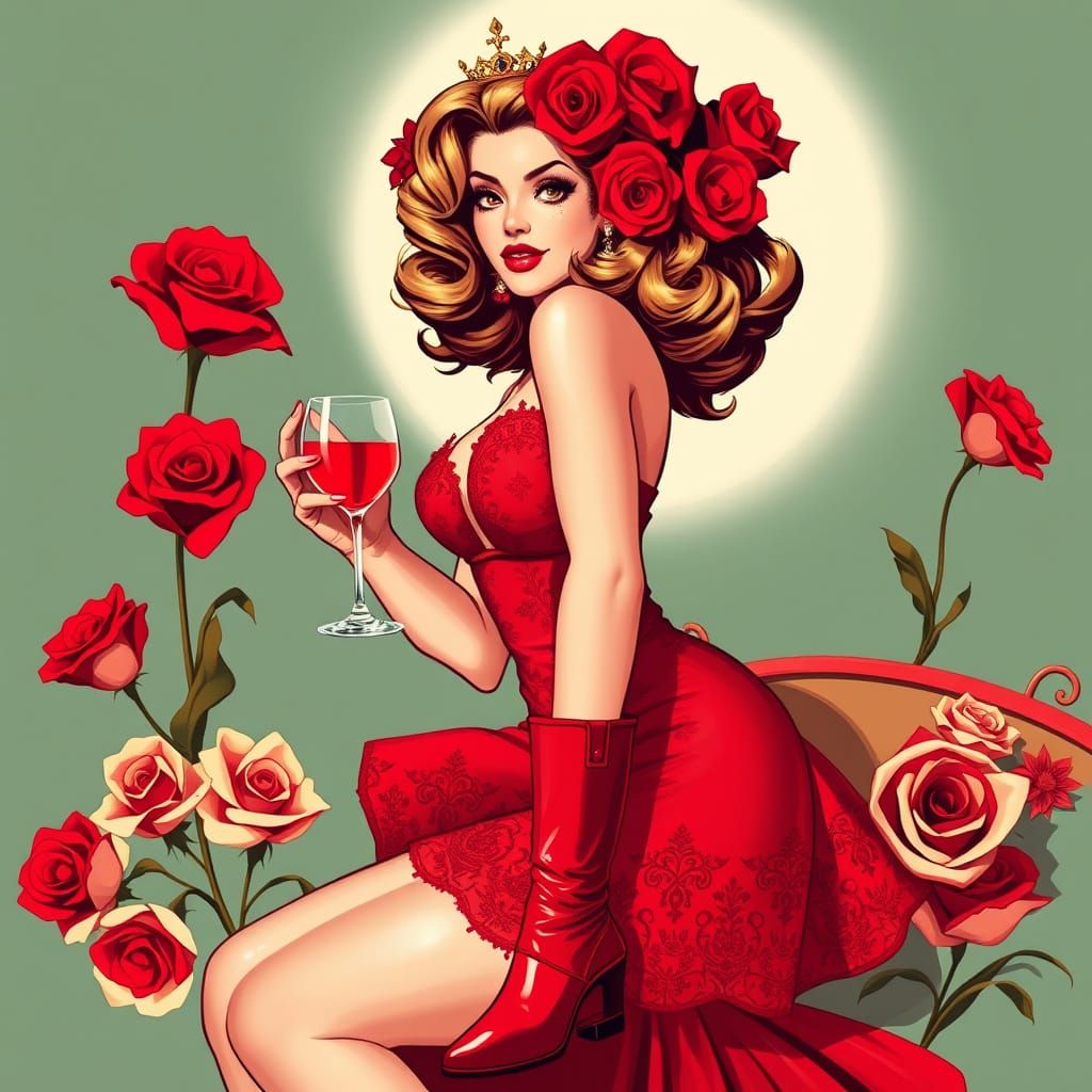 Sultry Red Queen in Luxurious Cuir Rouge Boots and Lacy Dres...
