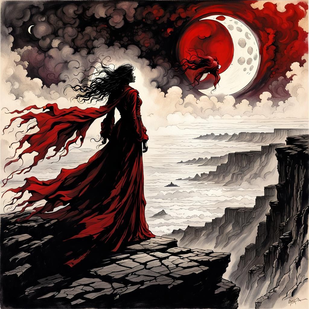 Silhouette of Woman at Cliff's Edge in Moody Landscape