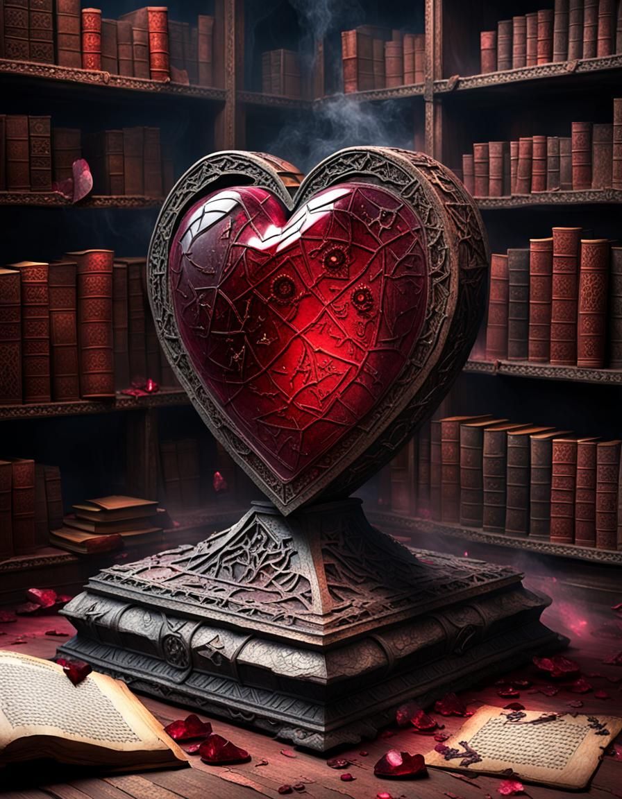 Shattered Crimson Heart in Mystical Library