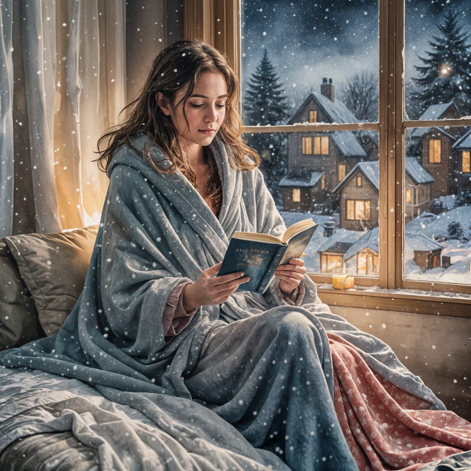 Woman Reads Under Snowy Winter Night