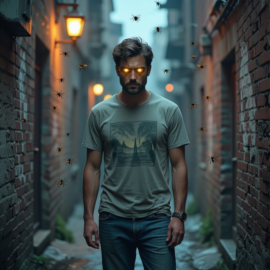 Image Editor in Dim Alley with Flies, in Gritty Style