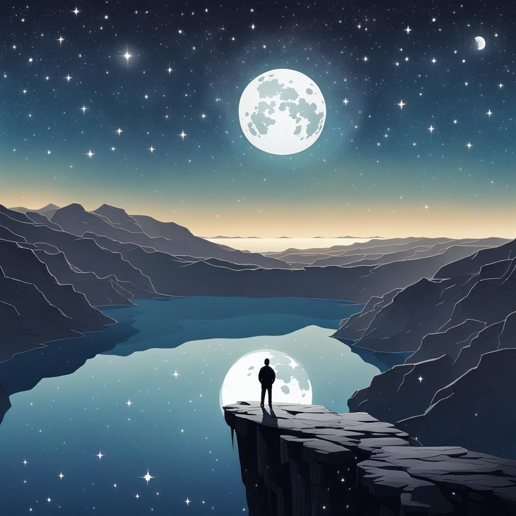 Figure Gazing at Starry Night Reflected in Lake