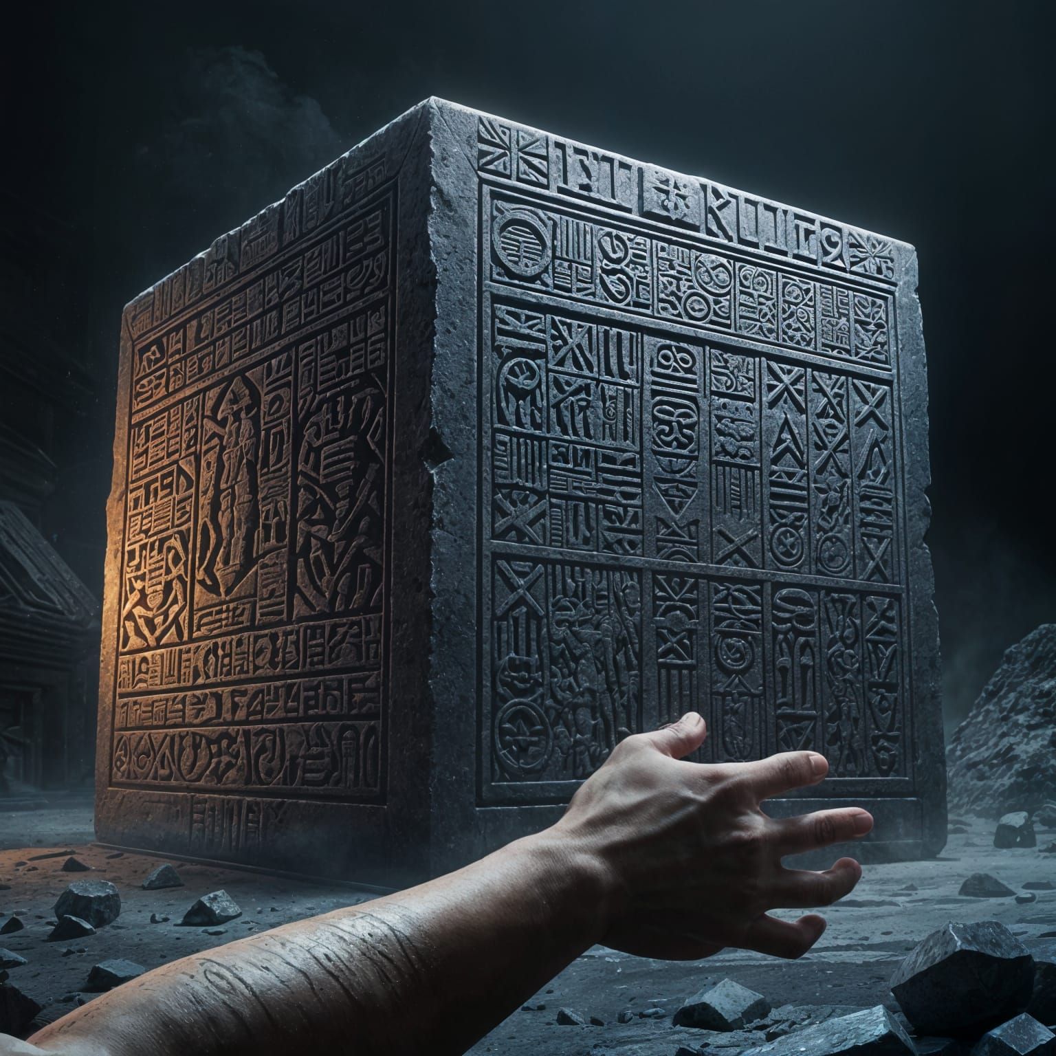 Mystic Rune-Engraved Granite Cube in Dystopian Setting