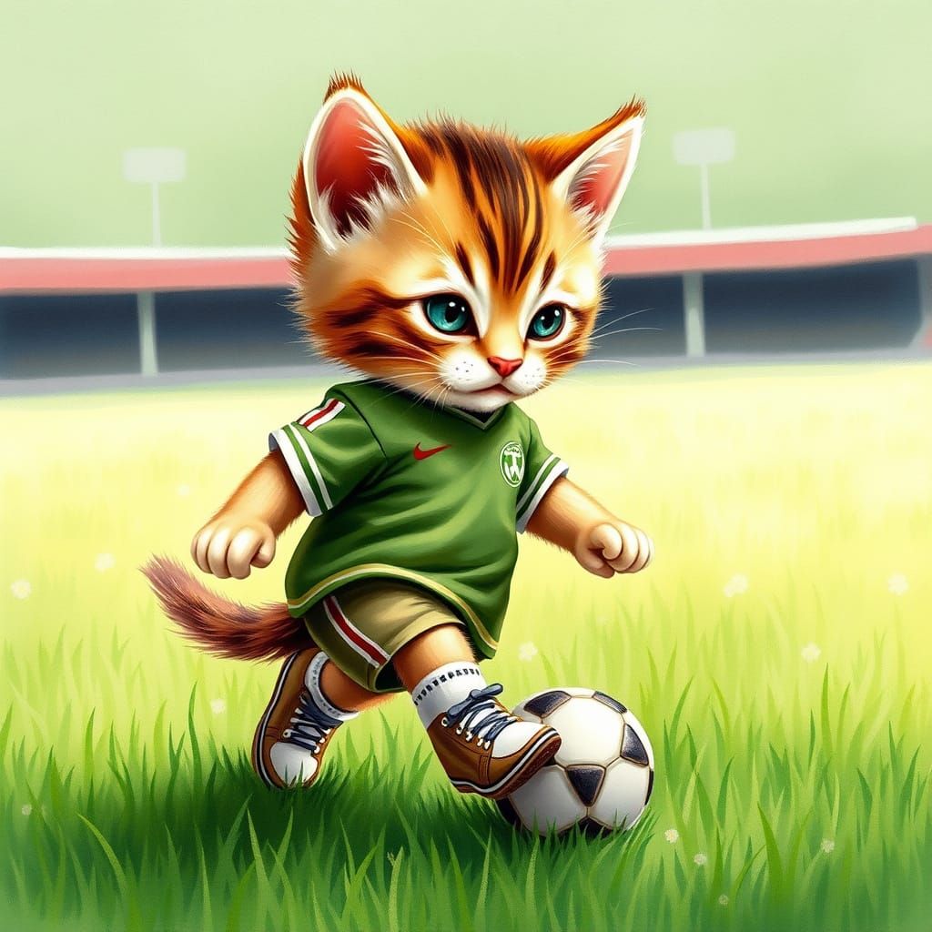 Whimsical Kitten Kicks Soccer Ball in Colorful Stadium
