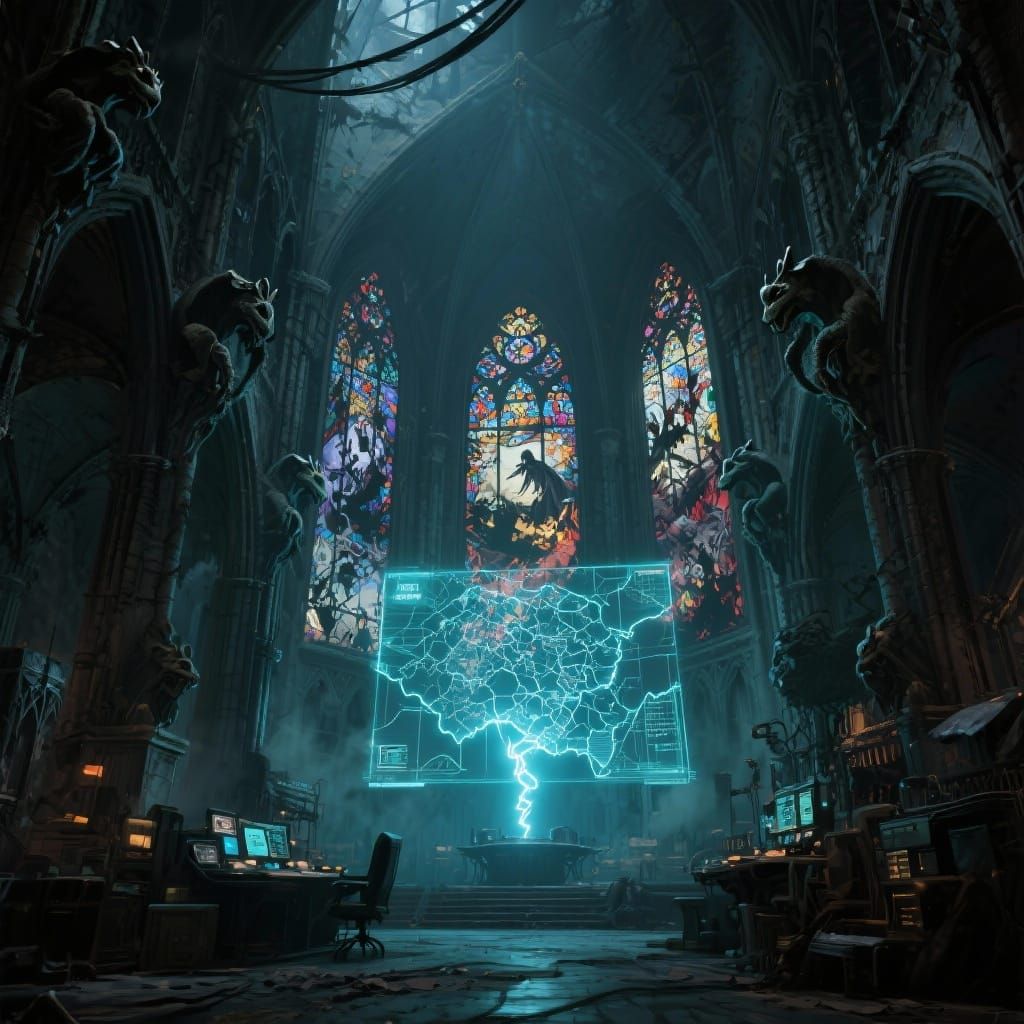 Gothic Cathedral Villain Command Center with Holographic Map