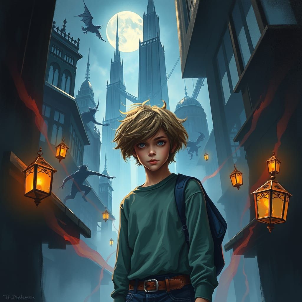 Boy in Mirrored City of Demons, Surreal Impasto Painting
